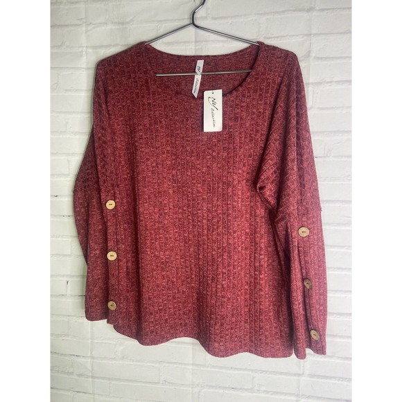 NEW NY Collection Top Red Knit Button On Sleeves Relaxed Fit Womens Size M - Picture 1 of 8